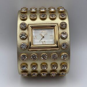 Betsey Johnson Leather Crystal Watch Wide Cuff Gold Tone - Needs Battery